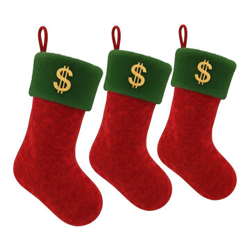 Three red christmas stockings with green tops and golden dollar signs, isolated on transparent background