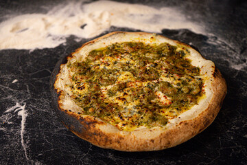 Homemade Neapolitan Style Pizza with Pesto and Shrimp
