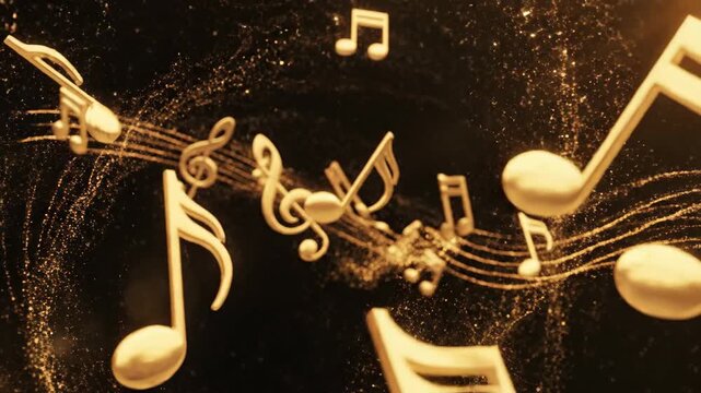Abstract golden musical notes floating against a black background