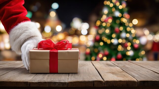 Santa claus hand with gift box and blurred christmas tree background