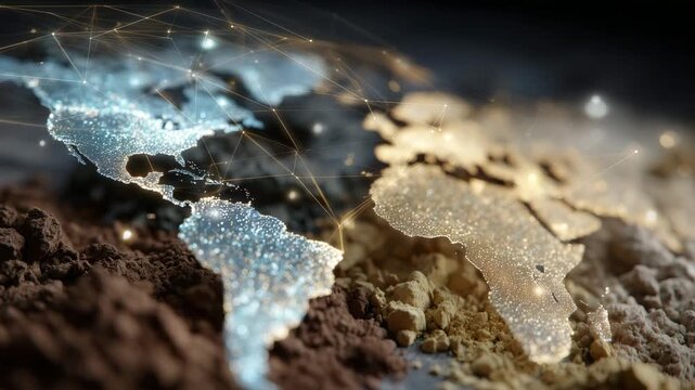 167Artistic close-up of mineral powders with subtle sparkling effect, world map overlay with glowing trade pathways representing global rare earth logistics