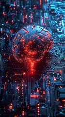 Fototapeta premium Red Glowing Brain Circuitry on Motherboard artificial intelligence Image