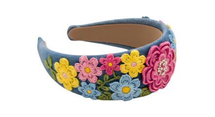 Denim headband with floral embroidery isolated on white background