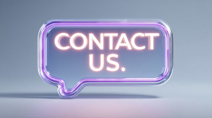 A neon sign that says Contact Us in a speech bubble shape, with purple and pink colors glowing against a blue background