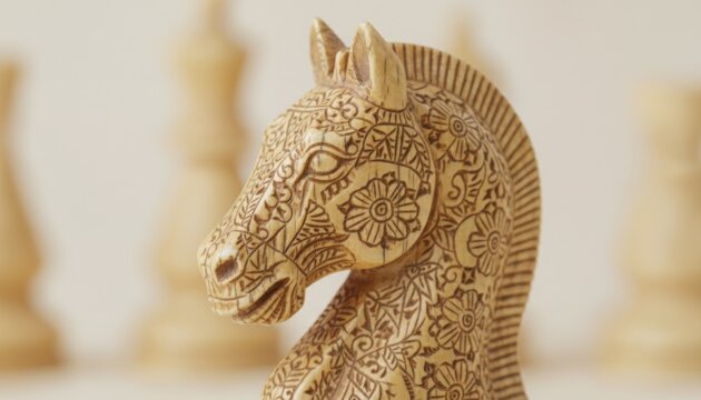 Intricately carved knight chess piece with floral motif symbolizing strategy tradition and artistic craftsmanship in classic board game culture