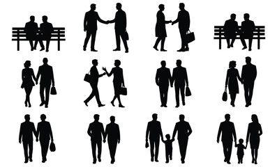 Silhouettes of diverse people in various interactions: couples, families, business, and individuals.