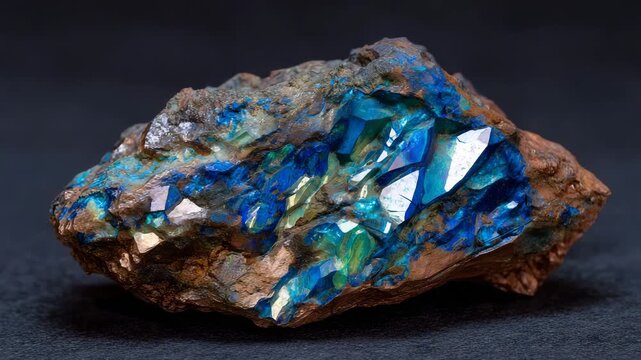 170Close-up of copper ore with vivid oxidation colors, displayed on a dark background, contrasting blue-green patina against warm tones