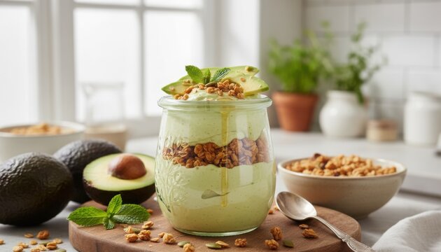 avocado yogurt parfait with granola representing healthy breakfast dish from california cuisine in bright kitchen setting - Powered by Adobe