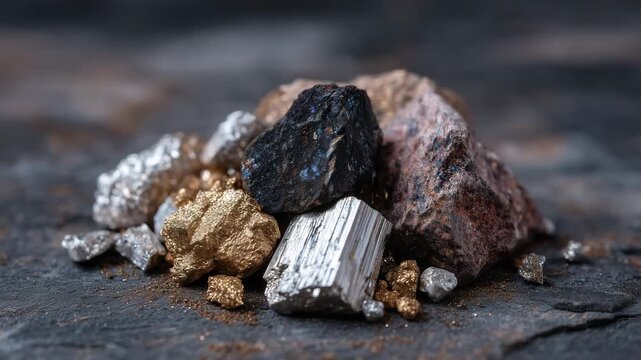 171Close-up of a heap of rare earth minerals including neodymium, cerium, and lithium on a dark textured surface, metallic glints highlighting their industrial value