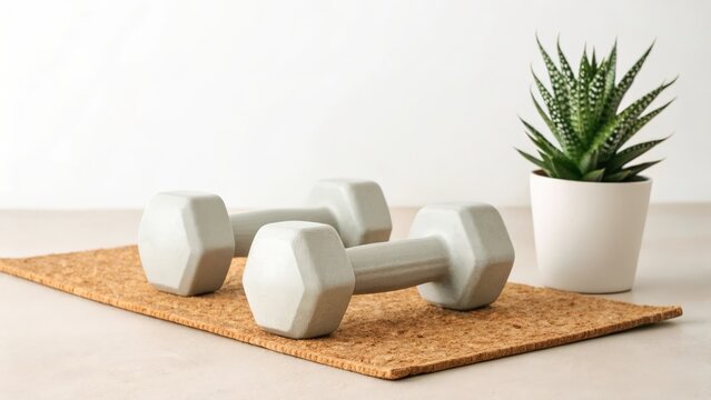 A pair of neutral tone dumbbells resting on a cork mat
