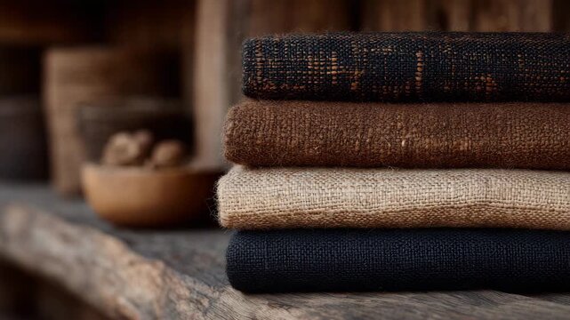 171Stacked organic flax and cotton fabric rolls, richly textured and naturally dyed, burlap and woven linen patterns suited for rustic interiors and mindful sustainable living spaces