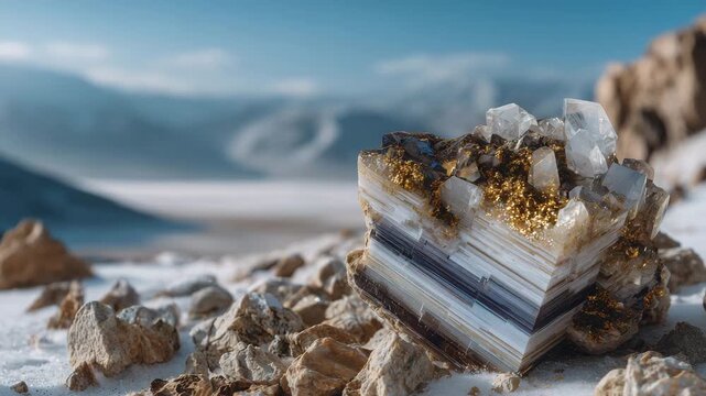 172Macro shot of layered mineral specimen showing crystalline structure, placed on white minimalist background for contrast