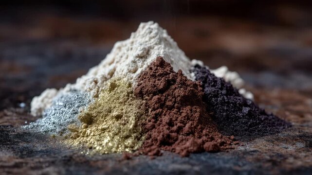 172Close-up of a heap of rare earth minerals including neodymium, cerium, and lithium on a dark textured surface, metallic glints highlighting their industrial value