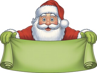 Cartoon Santa Claus holding blank green scroll for Christmas text