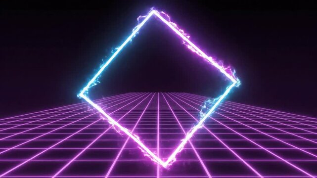 Abstract neon square glowing over grid surface