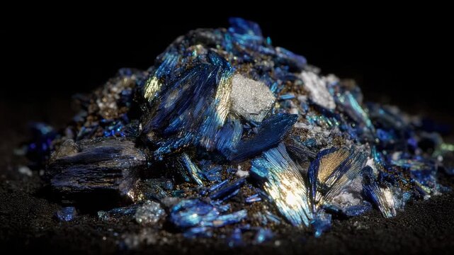 177Dramatic lighting on a pile of metallic minerals, dark backdrop contrasting with shimmering cobalt, dysprosium, and tantalum fragments for green technology applications