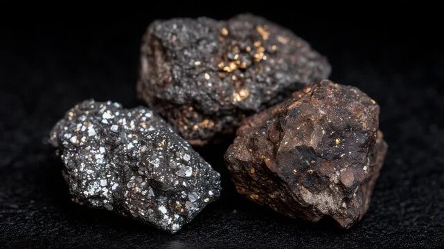 178Close-up of lead and zinc ore samples, coarse and rough textures highlighted by angled lighting on a black backdrop