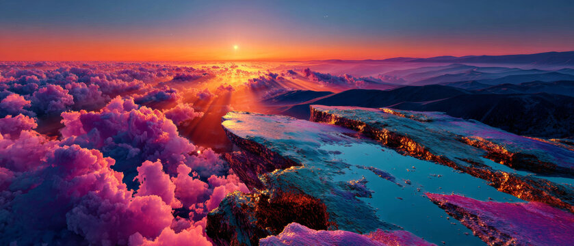 Aerial view of a mountain range with pink and purple clouds in the sky above it at sunset or sunrise