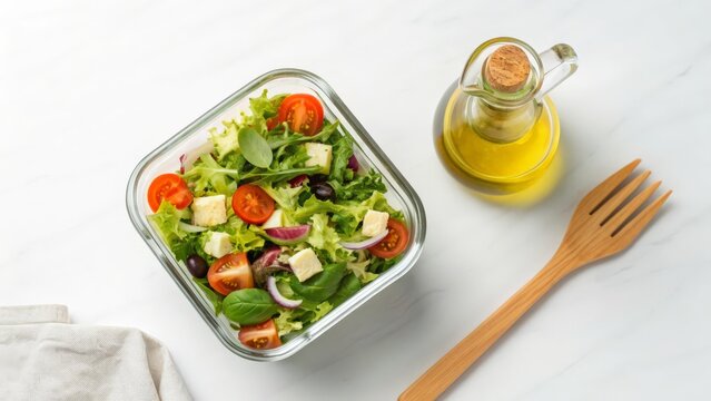 Glass container of fresh mixed salad with olive oil - Powered by Adobe