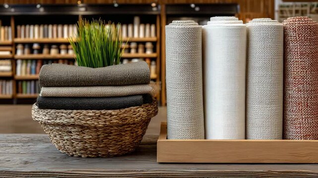 182Eco-friendly fabric studio display with flax linen and cotton rolls, woven burlap and coarse canvas in textured patterns, highlighting natural craftsmanship and boho living aesthet