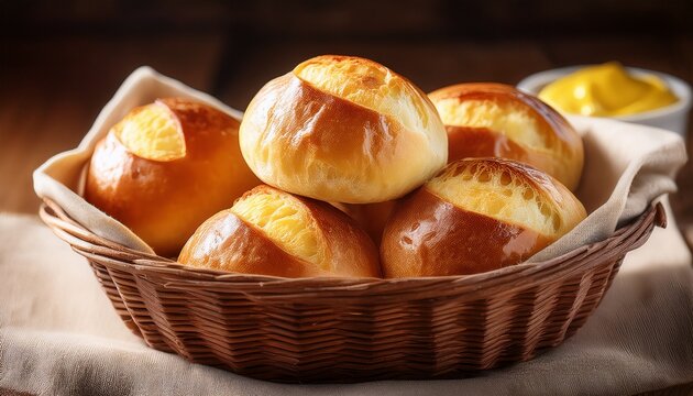 freshly baked bread rolls in a rustic basket showcasing a comforting breakfast or dinner experience with golden crusts and creamy butter