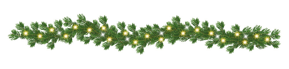 Fototapeta premium Horizontal Christmas garland with pine cones, fir branches, holly berries, glowing lights, and balls. Perfect for holiday banners, cards, and transparent background 