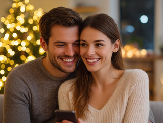 Happy couple enjoying christmas holiday using smartphone