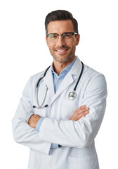 Fototapeta premium Professional male doctor wearing a white lab coat and stethoscope with arms crossed smiling confidently isolated on transparent background