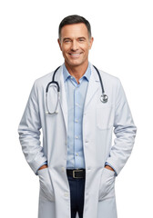 Fototapeta premium Smiling male doctor wearing a white lab coat and stethoscope with hands in pockets isolated on transparent background