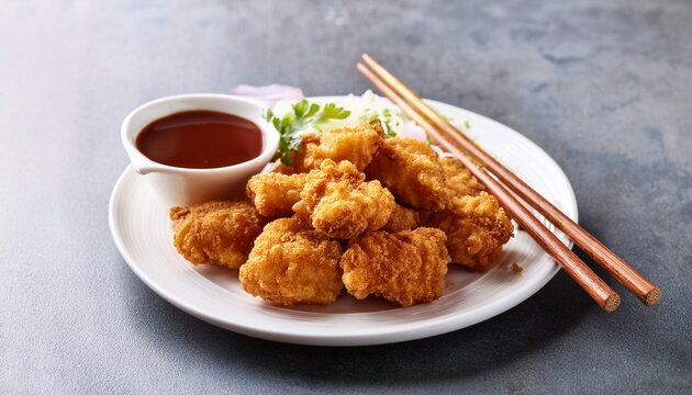 karaage with sauce and chopsticks on white plate