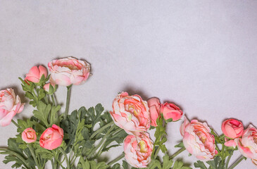 Flatlay top view of pink and purple roses arranged in two corners on a grey background, providing ample copy space and negative space
