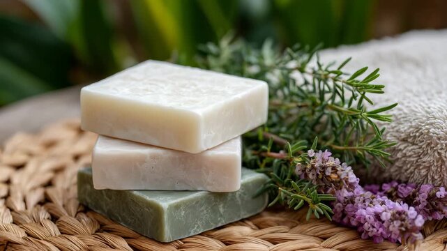 199Eco-friendly handmade soap bars placed on woven mat with sprigs of herbs, natural light accentuating organic detail, open background area providing copy space