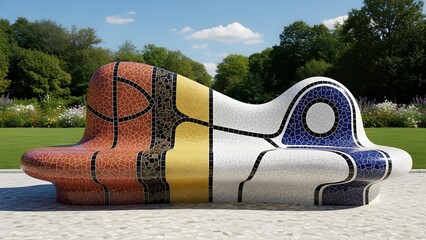 A colorful mosaic art sculpture bench with abstract patterns sits in a sunny public park.