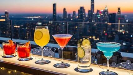 A vibrant assortment of colorful cocktails on a rooftop bar with a city skyline view at dusk.