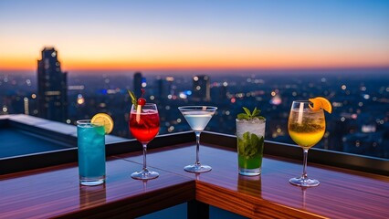Five colorful cocktails on a rooftop bar with a cityscape background at sunset.