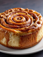 Fototapeta premium Glazed cinnamon roll with walnuts on white plate