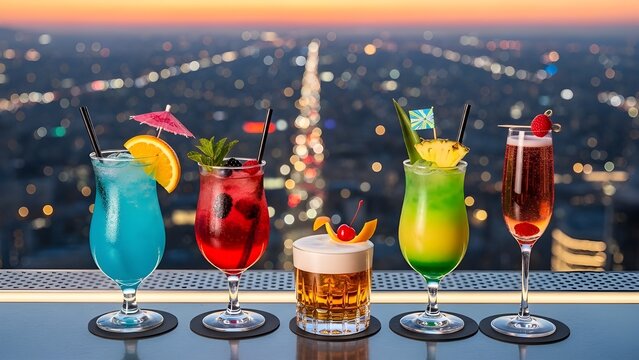 Five vibrant cocktails with various garnishes on a rooftop bar overlooking a sparkling city skyline at dusk. - Powered by Adobe