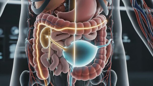 Medical animation of the human digestive system showing internal organs and processes