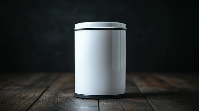 White cylindrical container on wooden table background