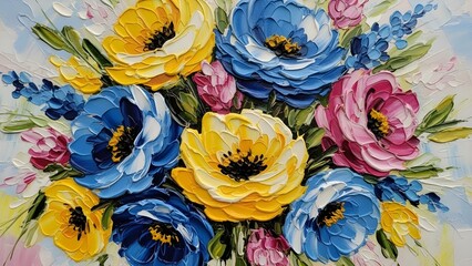 A vibrant and textured impasto oil painting of a colorful bouquet of blue, yellow, and pink flowers.