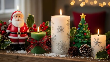 A festive Christmas display featuring lit candles, Santa, and a miniature tree, adorned with holly and snow.