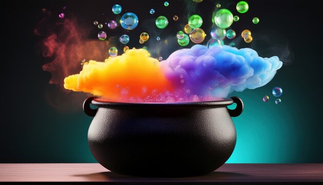 colorful clouds and bubbles erupt from a black cauldron against a dark background - Powered by Adobe
