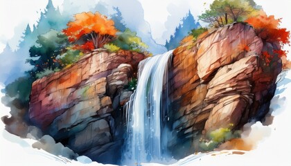 a waterfall cascading down a cliff face in watercolor style