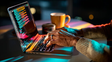 A person types on a laptop with colorful coding displayed on the screen, in front of which is a coffee mug and a candle