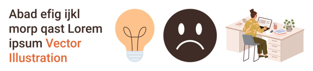 Creativity, emotional expression, workplace habits, remote work, brainstorming, productivity. A light bulb, sad emotion and person at desk working. Creativity and emotional expression concept