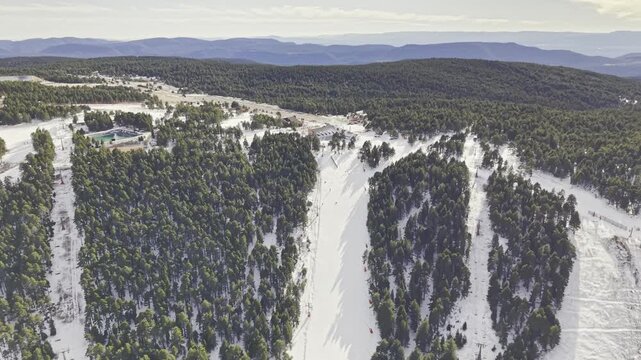 Aerial footage of a drone slowly pulling away from a wide snowy ski slope framed by evergreen pine forest, revealing expansive winter mountains, ski tracks, resort area, serene natural landscape and