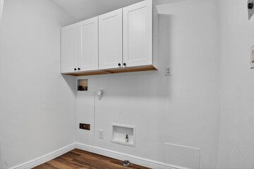 Clean Laundry Space With Storage, Wellorganized Laundry Nook Featuring Cabinets And Utility...