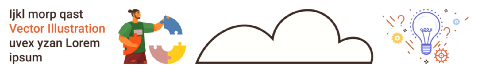 Cloud computing, teamwork, innovation, problem-solving, data management, creative ideas. Person assembling puzzle pieces near a cloud, and lightbulb with icons. Teamwork and cloud computing