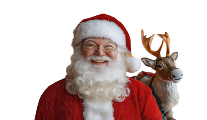 Joyful Santa Claus with reindeer bringing Christmas cheer on a festive holiday season isolated on transparent background