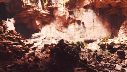 Sunlight gradually illuminates a secluded cave adorned with rugged rock formations. Lush greenery peeks through the crevices, inviting exploration in this natural wonder.